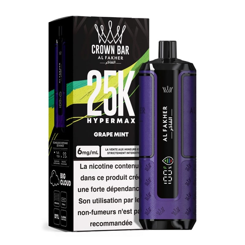 Puff Crown Bar HyperMax 25K Grape Mint - Al Fakher pas cher
