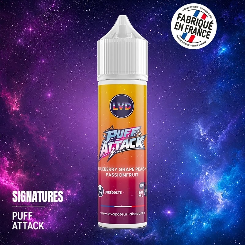 Blueberry Grape Peach PassionFruit 50 ml Puff Attack e-liquid at a great price | Le Vapoteur Discount